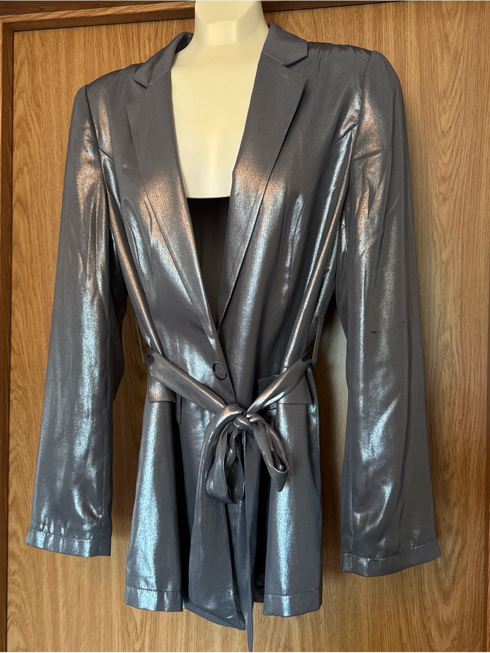 Anthropologie Shimmery Silver Wrap Blazer